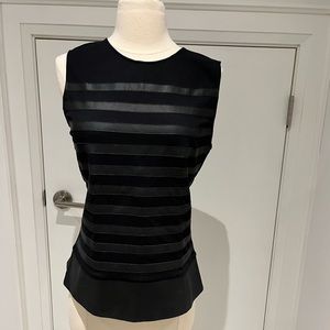 Theory black knit top with leather stripes and trim, size 10